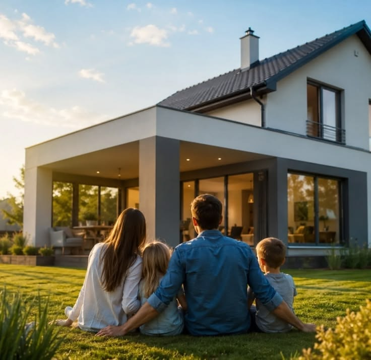 Family outside a home